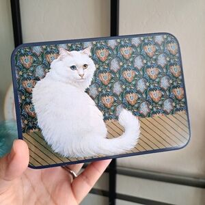 Vintage 80s Hallmark Springbok Cosmopolitan Cat Tin Metal Storage Box with Lid